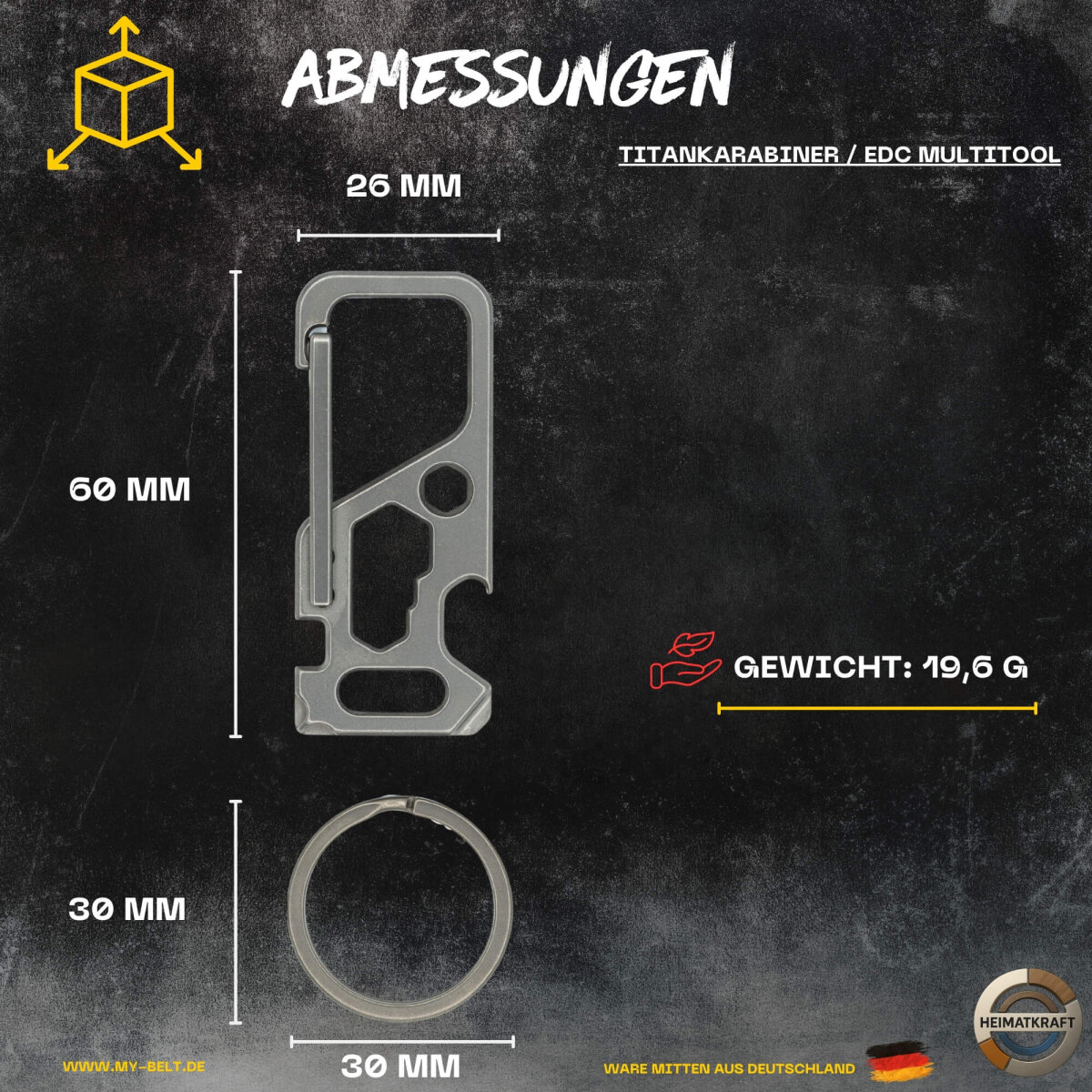 Heimatkraft - Titankarabiner Multitool | Schlüsselanhänger mit Schraubenzieher, Flaschenöffner, Mutterdreher | EDC Karabiner aus Titan | Schlüsselring