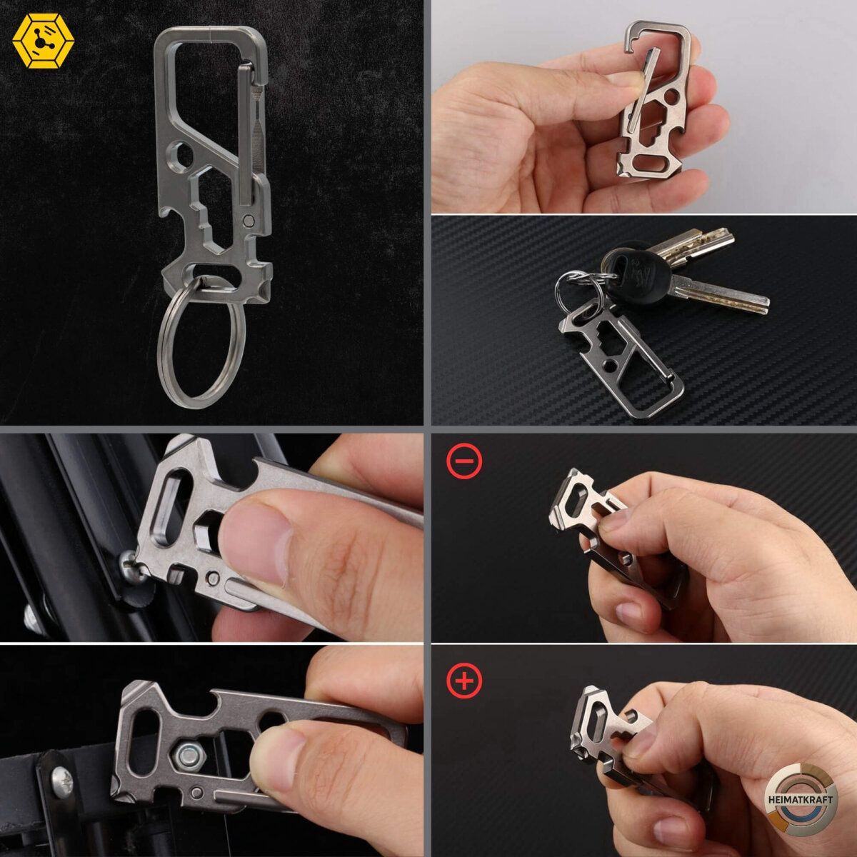 Heimatkraft - Titankarabiner Multitool | Schlüsselanhänger mit Schraubenzieher, Flaschenöffner, Mutterdreher | EDC Karabiner aus Titan | Schlüsselring