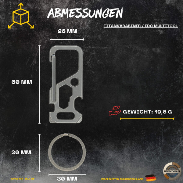 Heimatkraft - Titankarabiner Multitool | Schlüsselanhänger mit Schraubenzieher, Flaschenöffner, Mutterdreher | EDC Karabiner aus Titan | Schlüsselring