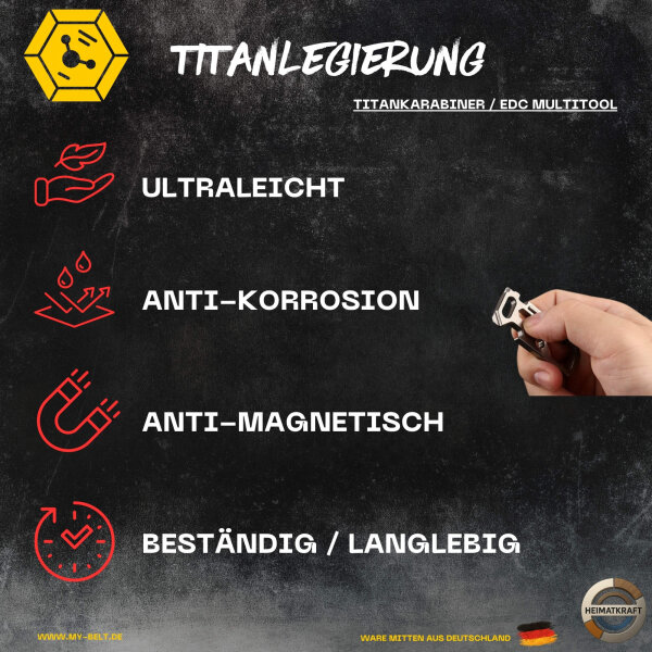 Heimatkraft - Titankarabiner Multitool | Schlüsselanhänger mit Schraubenzieher, Flaschenöffner, Mutterdreher | EDC Karabiner aus Titan | Schlüsselring