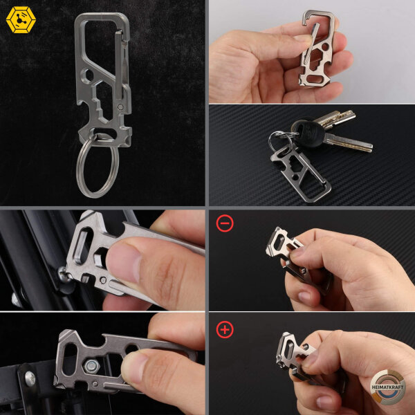 Heimatkraft - Titankarabiner Multitool | Schlüsselanhänger mit Schraubenzieher, Flaschenöffner, Mutterdreher | EDC Karabiner aus Titan | Schlüsselring