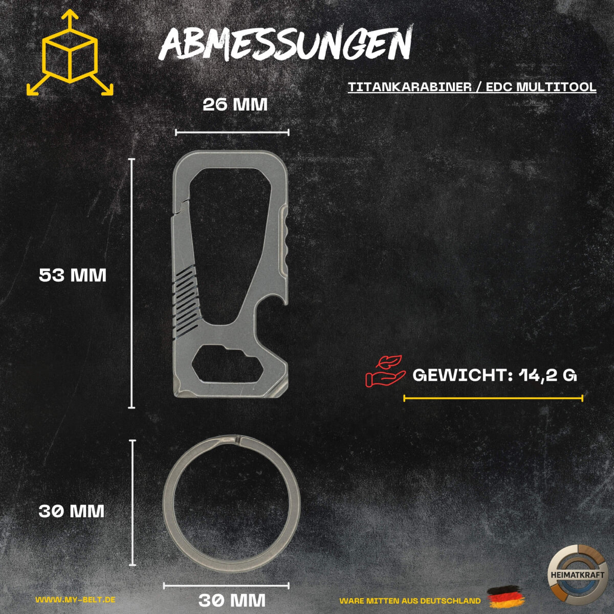 Heimatkraft - Titankarabiner Multitool | Schlüsselanhänger nur 14,2g | Schraubenzieher + / -, Flaschenöffner, Mutterdreher | EDC Karabiner aus Titan | Schlüsselring