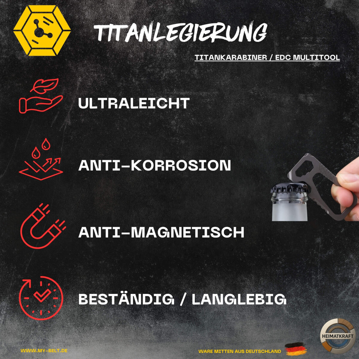 Heimatkraft - Titankarabiner Multitool | Schlüsselanhänger nur 14,2g | Schraubenzieher + / -, Flaschenöffner, Mutterdreher | EDC Karabiner aus Titan | Schlüsselring