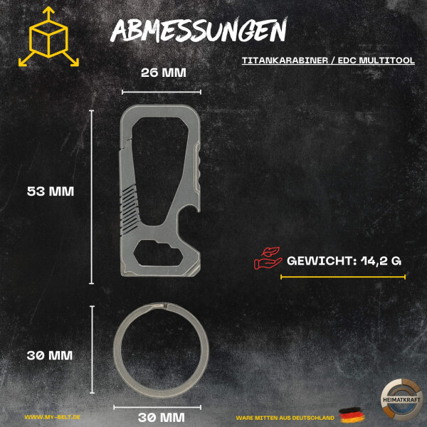 Heimatkraft - Titankarabiner Multitool | Schlüsselanhänger nur 14,2g | Schraubenzieher + / -, Flaschenöffner, Mutterdreher | EDC Karabiner aus Titan | Schlüsselring