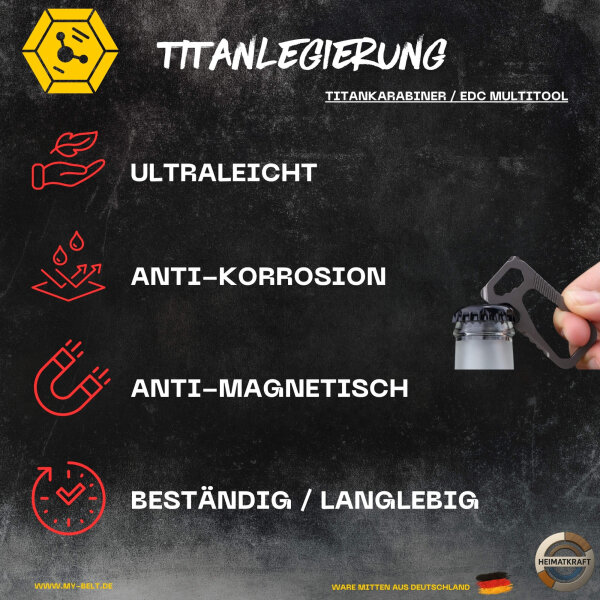 Heimatkraft - Titankarabiner Multitool | Schlüsselanhänger nur 14,2g | Schraubenzieher + / -, Flaschenöffner, Mutterdreher | EDC Karabiner aus Titan | Schlüsselring