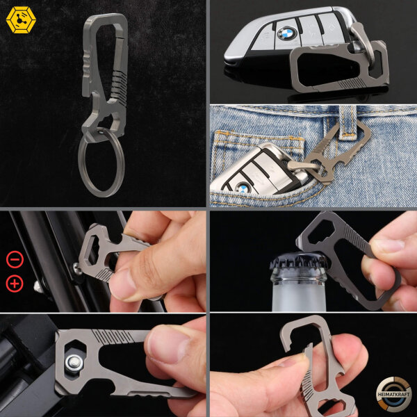 Heimatkraft - Titankarabiner Multitool | Schlüsselanhänger nur 14,2g | Schraubenzieher + / -, Flaschenöffner, Mutterdreher | EDC Karabiner aus Titan | Schlüsselring