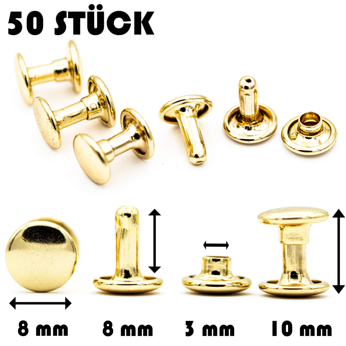 Hohlnieten für Leder und Textilien | Ledernieten 8 mm | Gold 50 Stück |