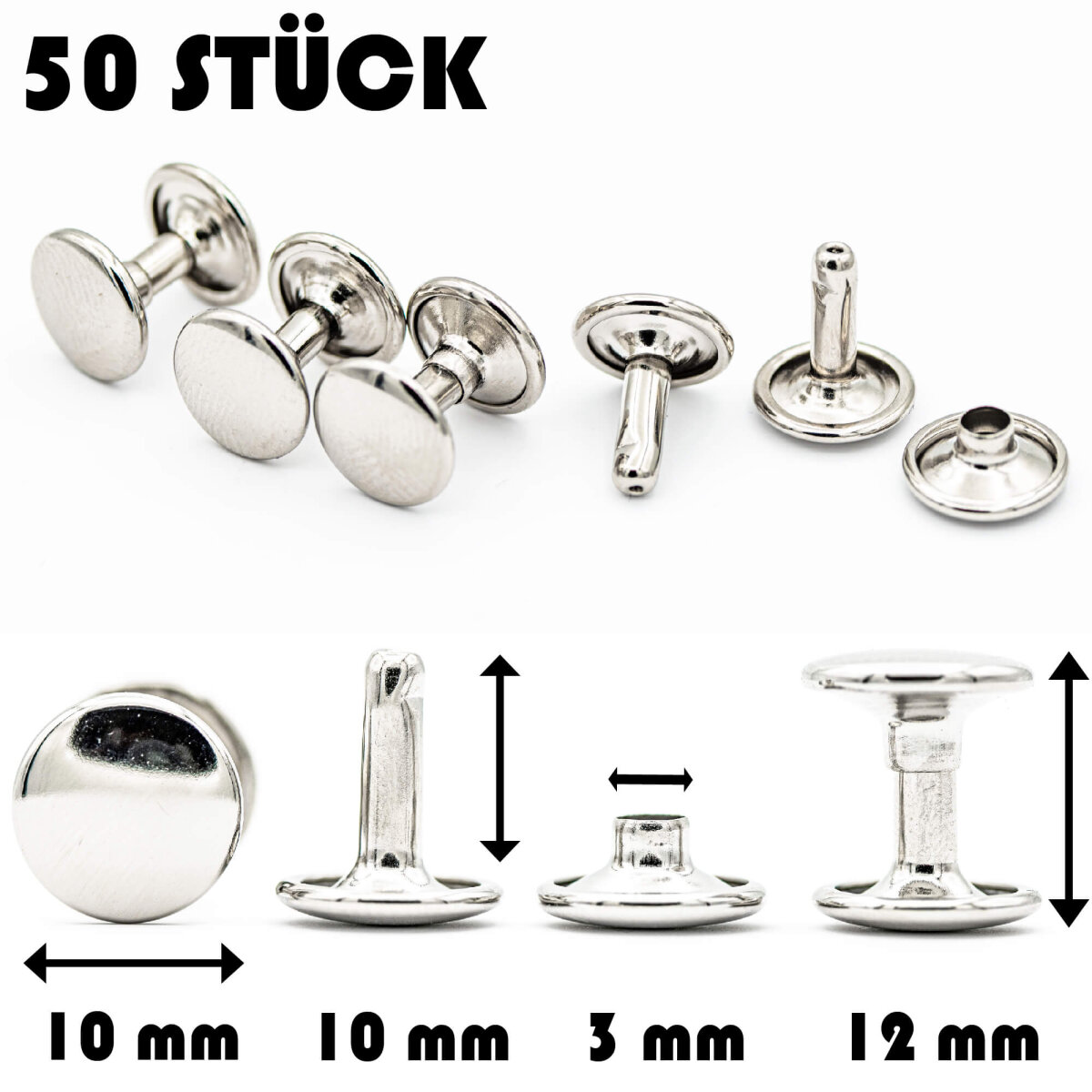 Hohlnieten für Leder und Textilien | Ledernieten 10 mm | Silber 50 Stück |