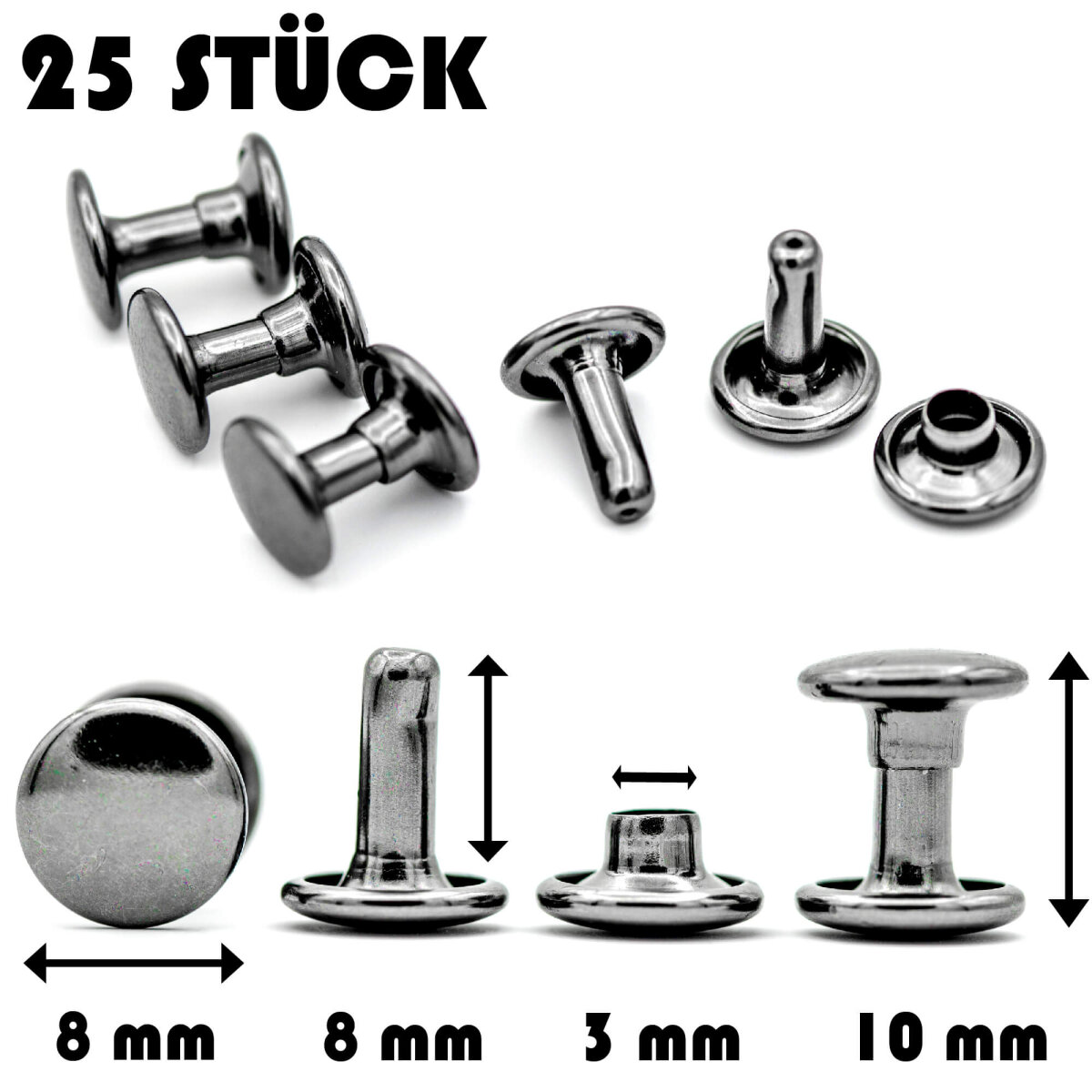 Hohlnieten für Leder und Textilien | Ledernieten 8 mm | Gunmetal 25 Stück |