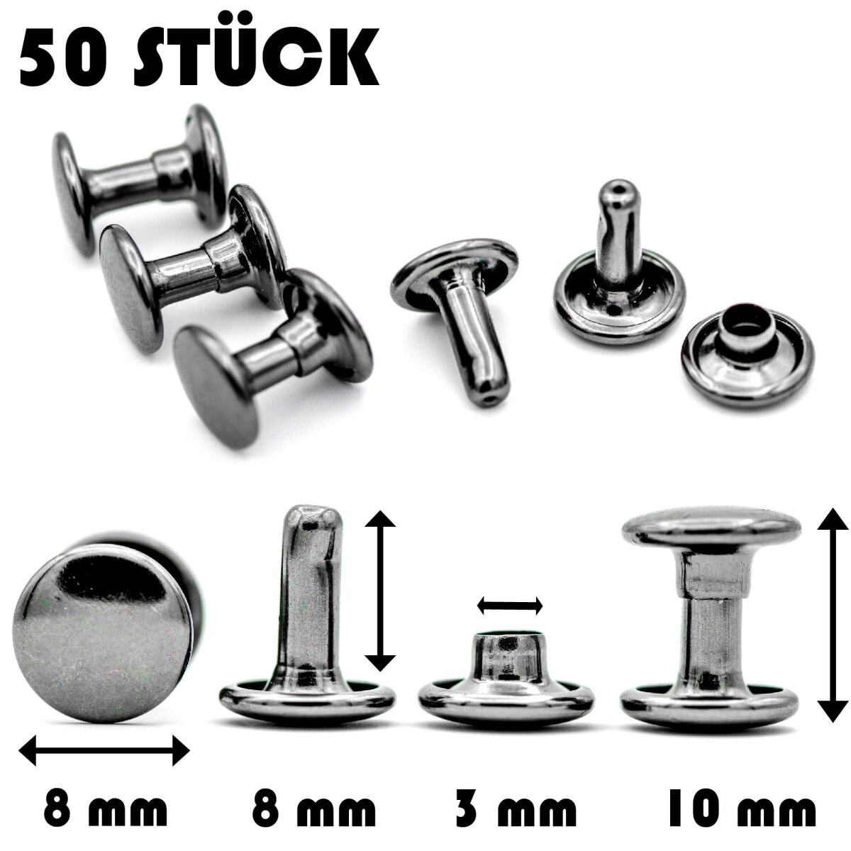 Hohlnieten für Leder und Textilien | Ledernieten 8 mm | Gunmetal 50 Stück |