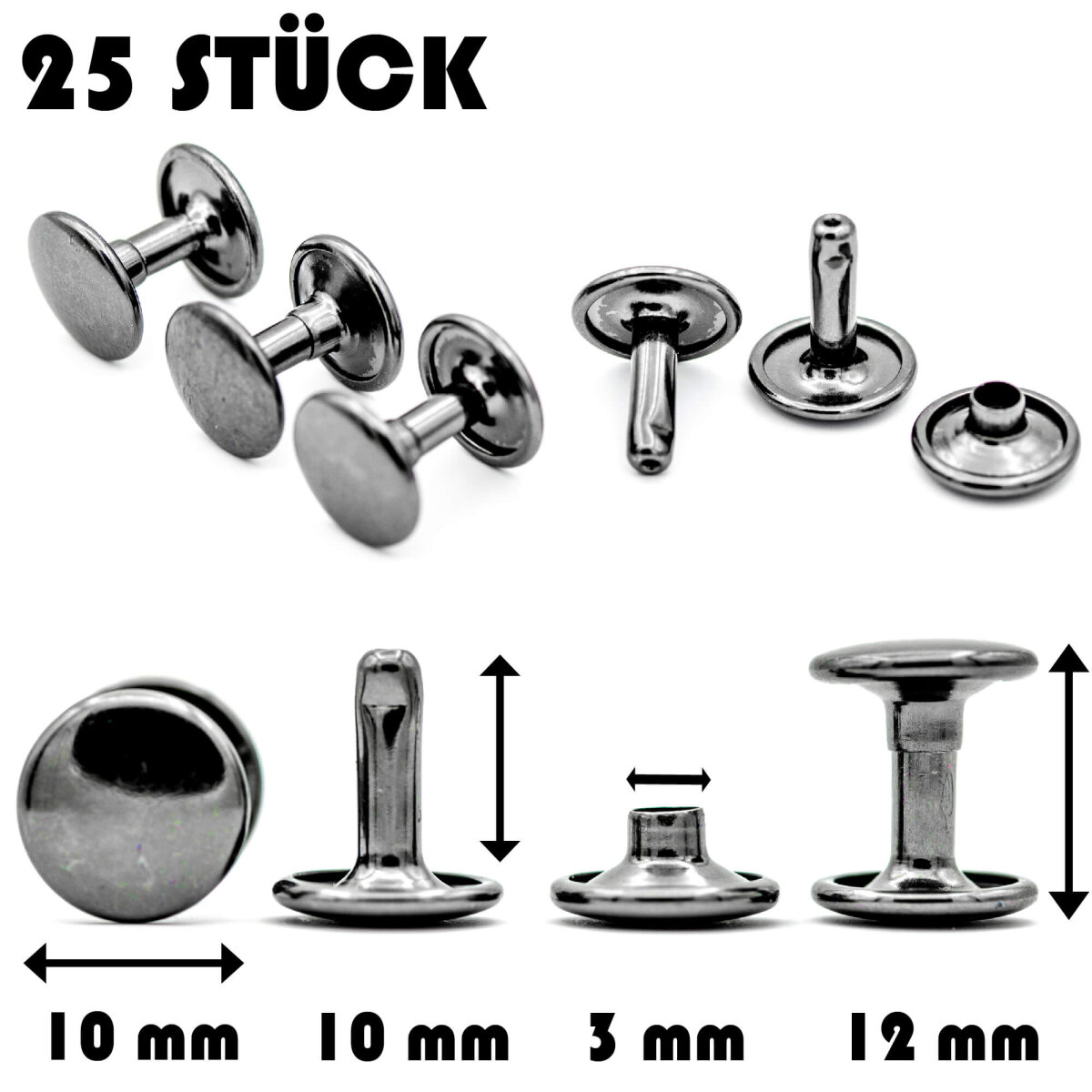 Hohlnieten für Leder und Textilien | Ledernieten 10 mm | Gunmetal 25 Stück |