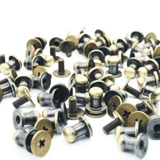 4 Stück Kopfnieten mit Schraubverschluss 5 mm / Pilzkopfniete Altmessing / Knopfniete zum Anschrauben / Beiltaschenknopf