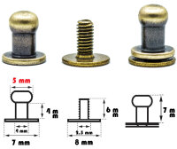 4 Stück Kopfnieten mit Schraubverschluss 5 mm / Pilzkopfniete Altmessing / Knopfniete zum Anschrauben / Beiltaschenknopf