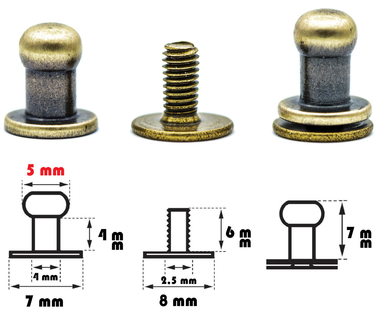 20 Stück Kopfnieten mit Schraubverschluss 5 mm / Pilzkopfniete Altmessing / Knopfniete zum Anschrauben / Beiltaschenknopf