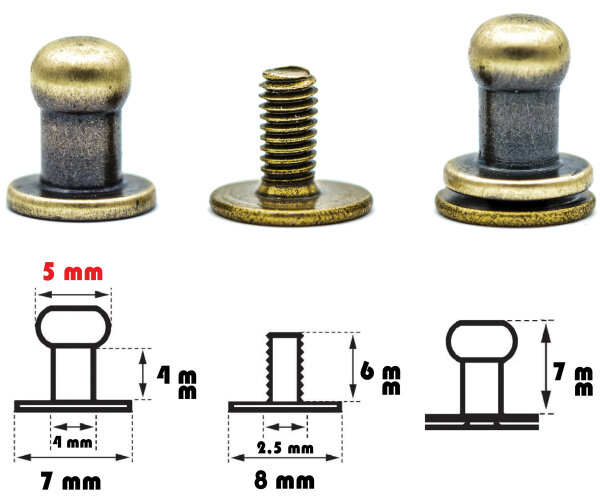 20 Stück Kopfnieten mit Schraubverschluss 5 mm / Pilzkopfniete Altmessing / Knopfniete zum Anschrauben / Beiltaschenknopf
