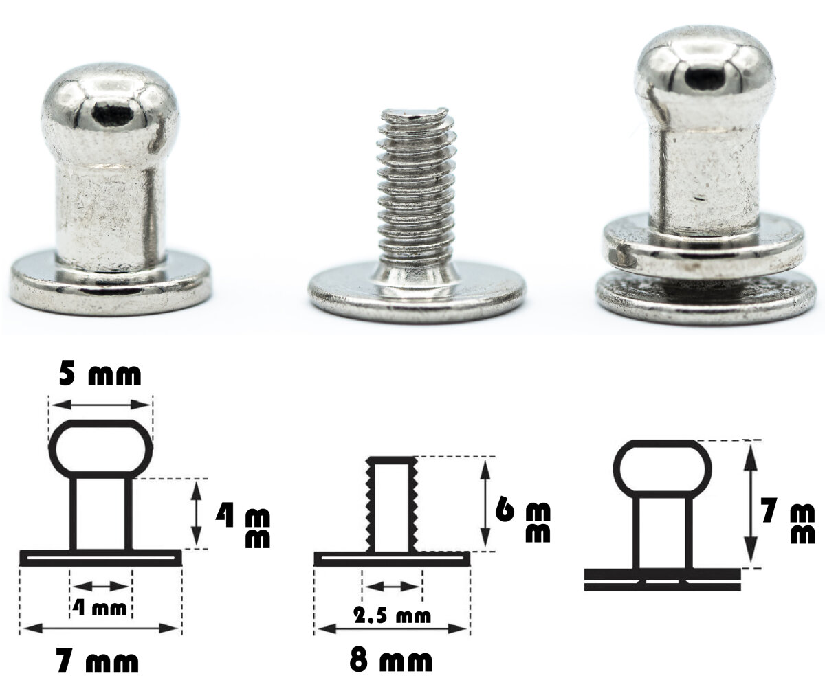 4 Stück Kopfnieten mit Schraubverschluss 5 mm / Pilzkopfniete Silber / Knopfniete zum Anschrauben / Beiltaschenknopf