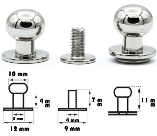 4 Stück Kopfnieten mit Schraubverschluss 10 mm / Pilzkopfniete Silber / Knopfniete zum Anschrauben / Beiltaschenknopf