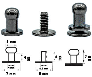 4 Stück Kopfnieten mit Schraubverschluss 5 mm / Pilzkopfniete Gunmetal / Knopfniete zum Anschrauben / Beiltaschenknopf